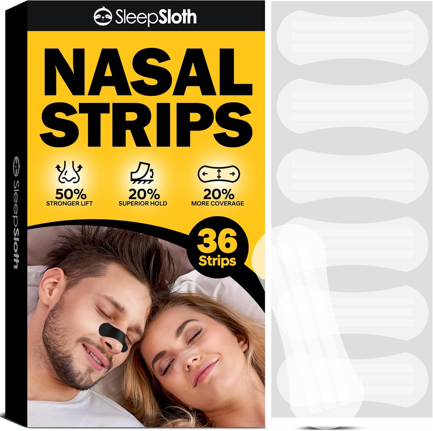 SleepSloth Tiras Nasales Extra Fuerza Negras | 36 Unidades | Alivio de Congestión, Ronquidos y Mejor Respiración | Adhesivo Hipoalergénico Piel Sensible